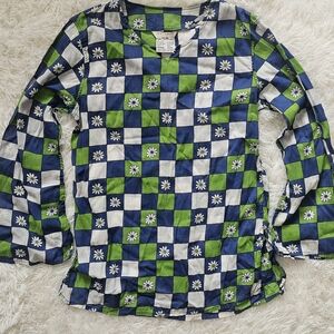 Vintage 1970s Checkered Floral Bell Sleeve Tunic Womens Blouse Size Medium